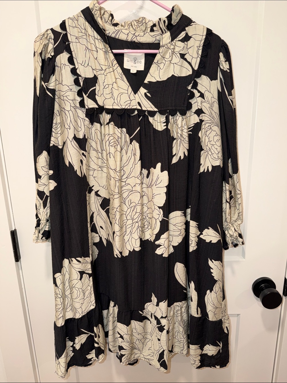 Umgee Black and Cream Floral Ruffle Mini Dress Boutique Gameday